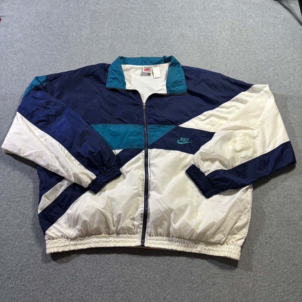 Vintage 90s Nike Windbreaker Jacket Mens XXL Blue White Teal Colorblock Full Zip